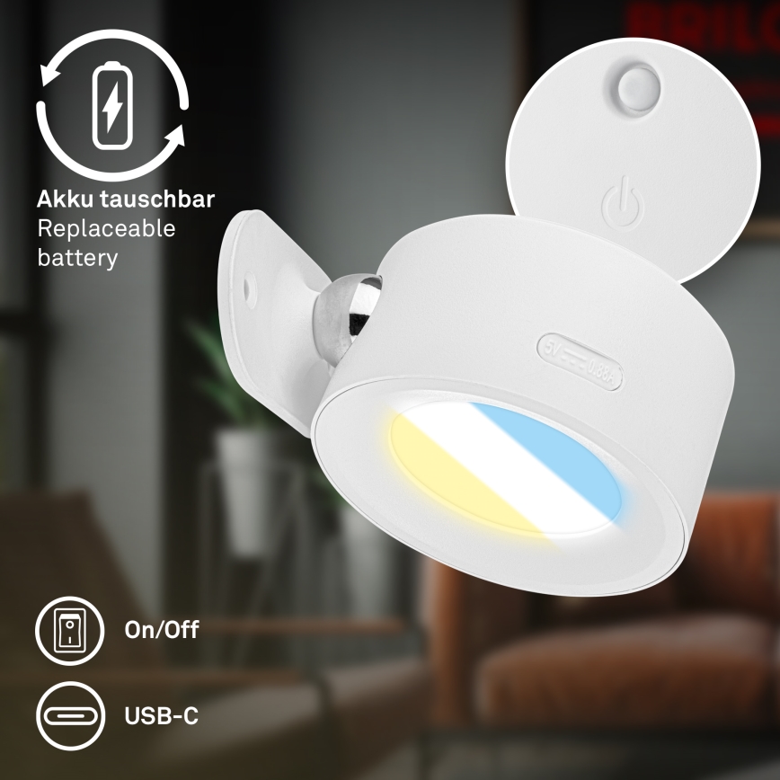 Briloner 3896016 - LED dæmpbar genopladelig væglampe TARI LED/1,6W/5V 1500 mAh hvid