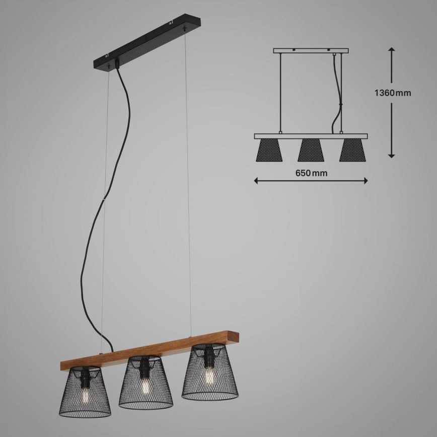 Briloner 4077-035 - Pendel WOOD & STYLE 3xE14/25W/230V gummitræ