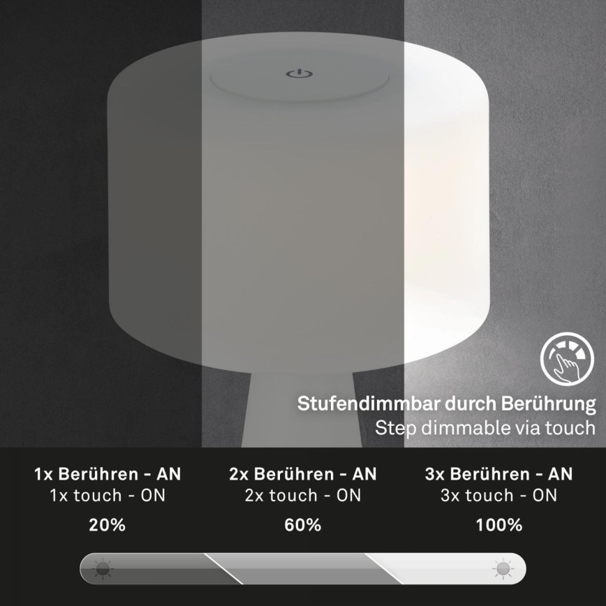 Briloner 7420016 - Udendørs LED bordlampe m. touch-funktion genopladelig og dæmpbar LED/4W/5V IP44 3000K hvid