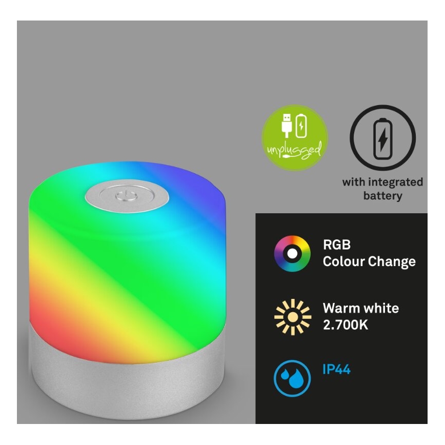 Briloner 7462014 - Udendørs LED bordlampe m. RGB-farver genopladelig LED/1,5W/5V IP44 1200 mAh mat krom