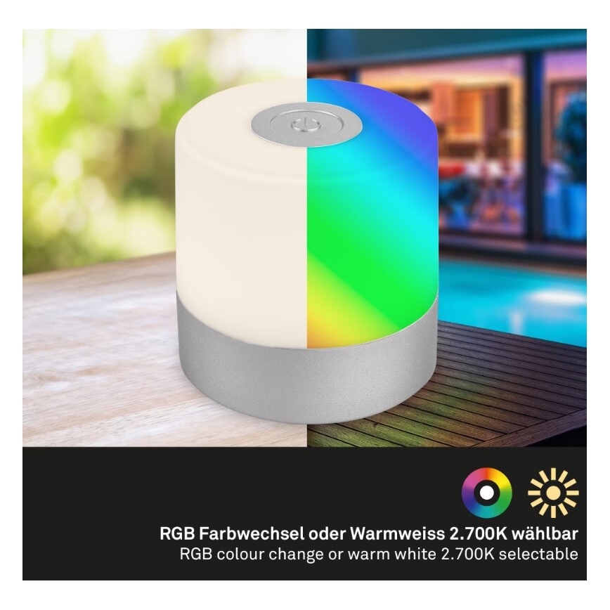 Briloner 7462014 - Udendørs LED bordlampe m. RGB-farver genopladelig LED/1,5W/5V IP44 1200 mAh mat krom