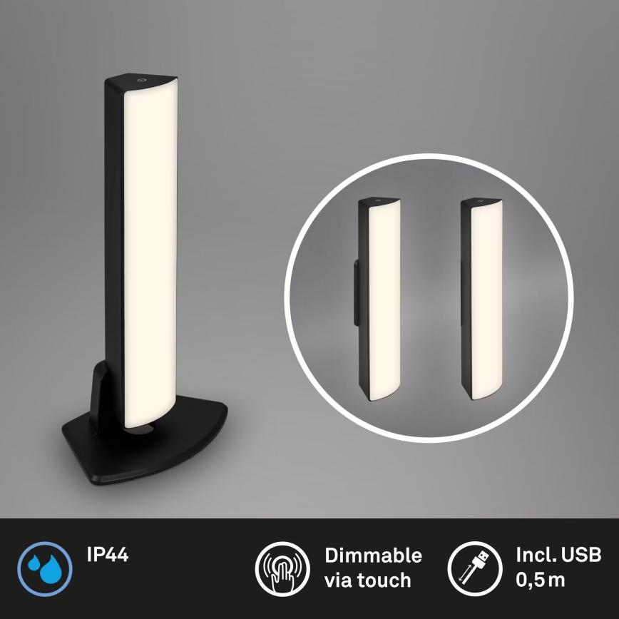 Briloner 7474-015 - LED dæmpbar touch genopladelig udendørs bordlampe 2-i-1 LED/7W/5V 2x2200 mAh USB 3000K IP44 sort