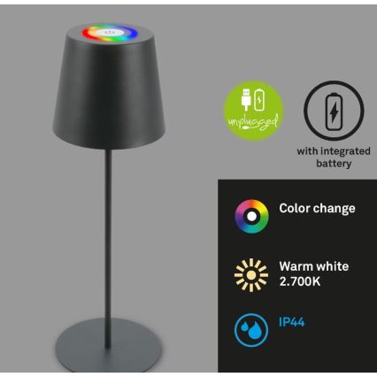 Briloner 7507015 - Udendørs LED bordlampe m. RGB-farver genopladelig og dæmpbar 2-i-1 LED/2,5W/5V IP44 antracit