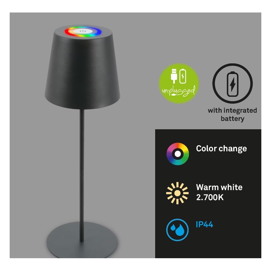 Briloner 7507015 - Udendørs LED bordlampe m. RGB-farver genopladelig og dæmpbar 2-i-1 LED/2,5W/5V IP44 antracit