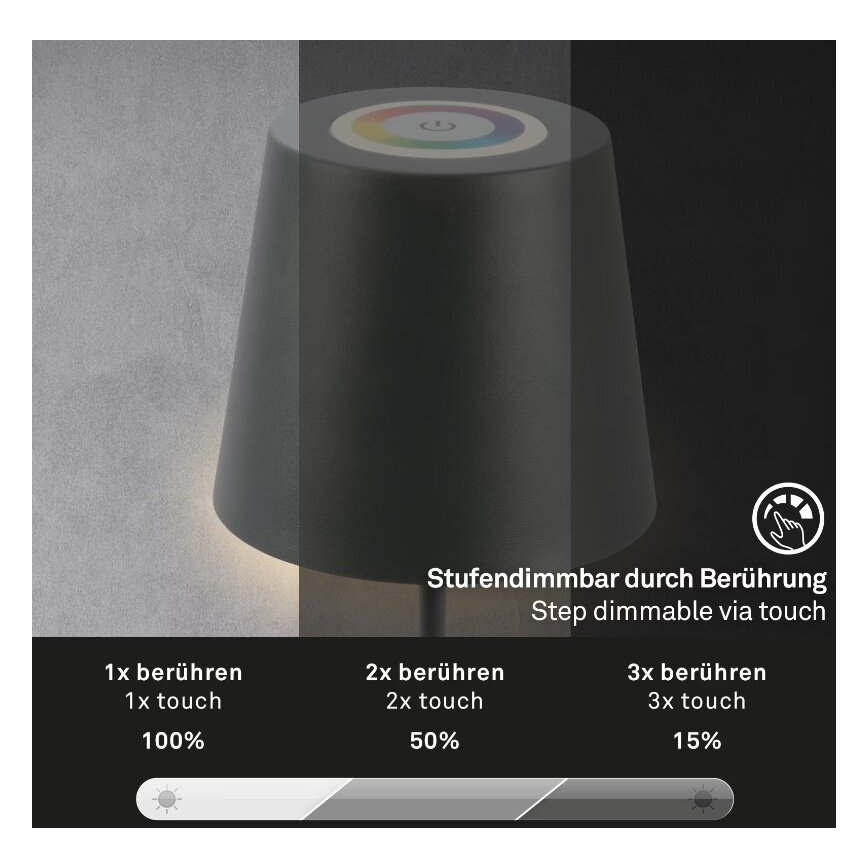 Briloner 7507015 - Udendørs LED bordlampe m. RGB-farver genopladelig og dæmpbar 2-i-1 LED/2,5W/5V IP44 antracit