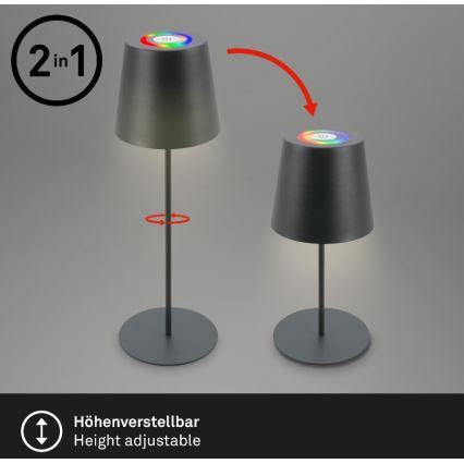 Briloner 7507015 - Udendørs LED bordlampe m. RGB-farver genopladelig og dæmpbar 2-i-1 LED/2,5W/5V IP44 antracit