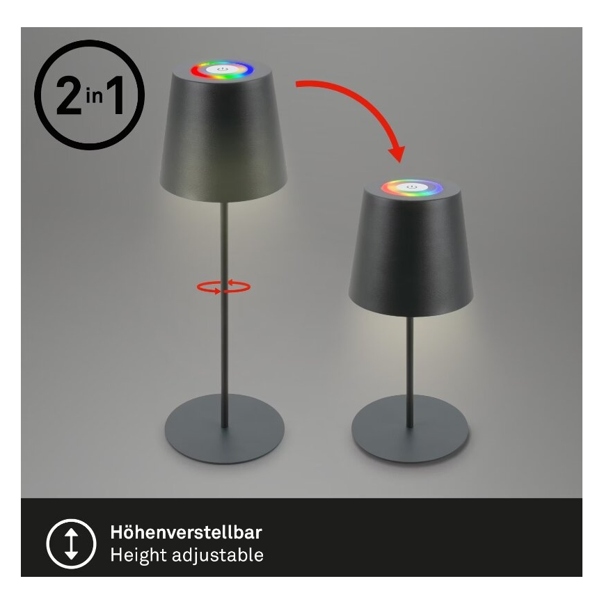 Briloner 7507015 - Udendørs LED bordlampe m. RGB-farver genopladelig og dæmpbar 2-i-1 LED/2,5W/5V IP44 antracit
