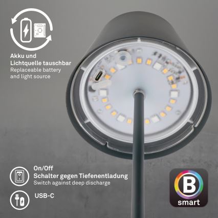 Briloner 7559015 - LED RGB dæmpbar genopladelig udendørs bordlampe COLORIS LED/3,5W/5V IP44 2000 mAh antracit Wi-Fi Tuya
