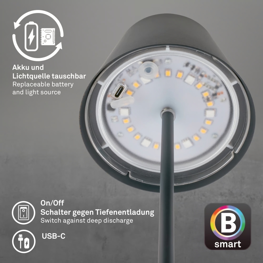Briloner 7559015 - LED RGB dæmpbar genopladelig udendørs bordlampe COLORIS LED/3,5W/5V IP44 2000 mAh antracit Wi-Fi Tuya