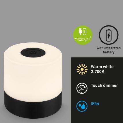 Briloner - Dæmpbar genopladelig berøringsbetjent udendørs bordlampe LED/2W/5V 2700K IP44 1200 mAh sort