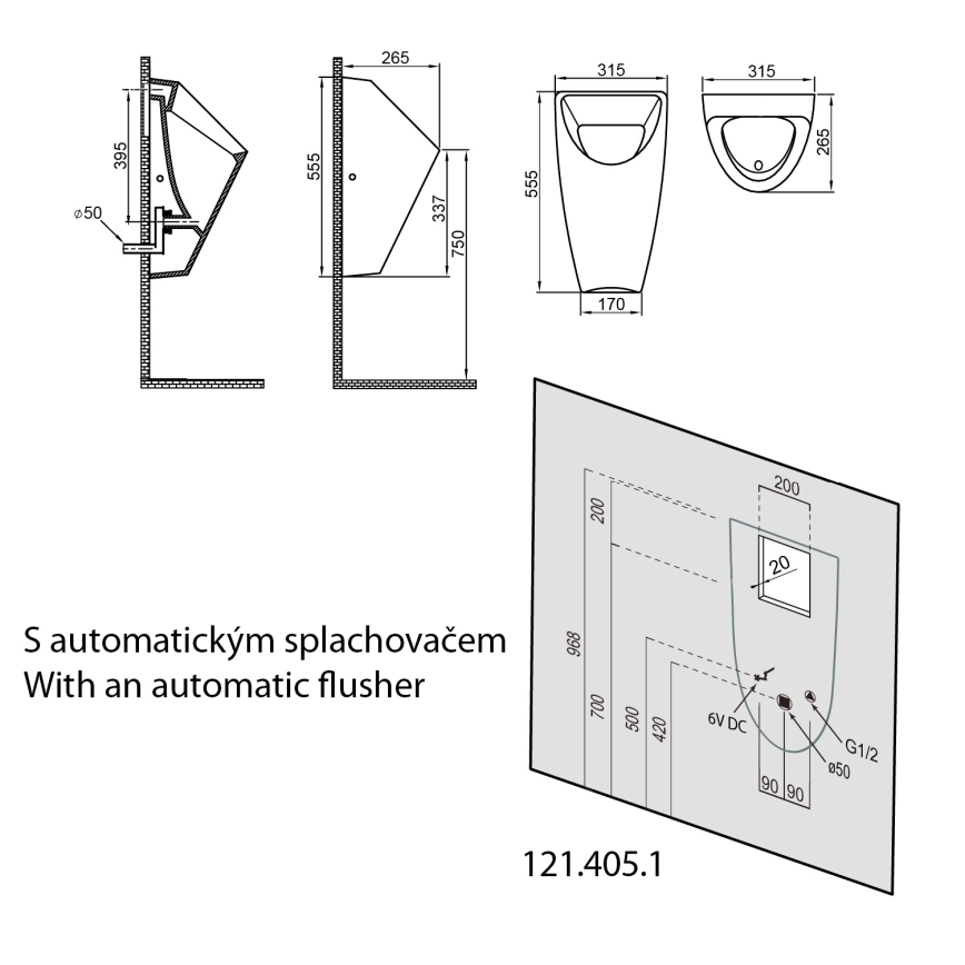 Bruckner - Urinal SCHWARN bagindløb, bagudløb keramik/hvid