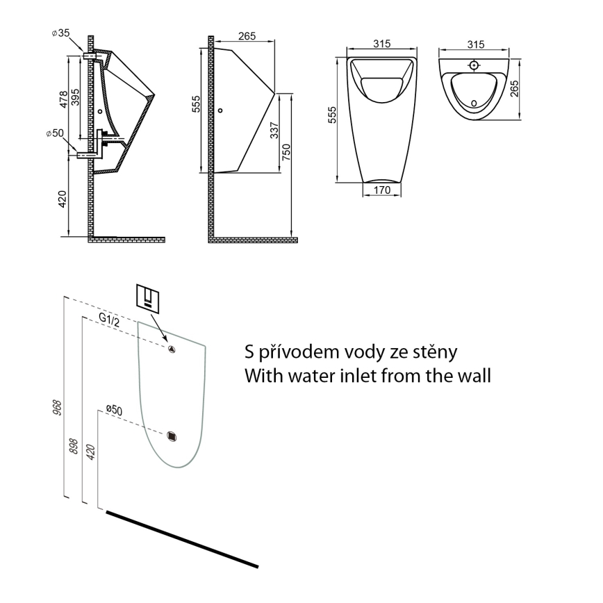 Bruckner - Urinal SCHWARN bagindløb, bagudløb keramik/hvid
