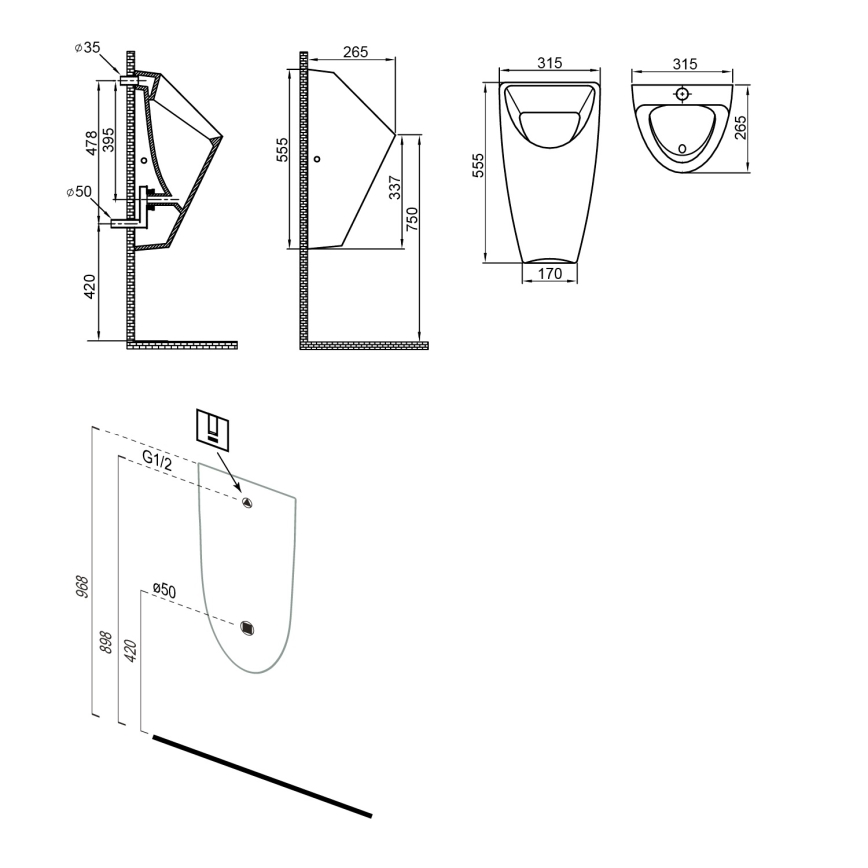 Bruckner - Urinal SCHWARN bagindløb, bagudløb keramik/mat sort