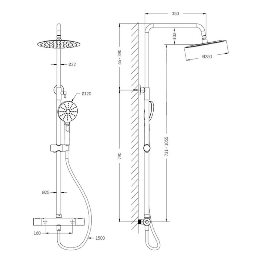 Brusesæt med termostatisk blandingsbatteri DRAGOR, blank messing