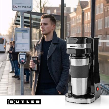 Butler - Én-kops kaffemaskine 0,4 l med medfølgende rejsekrus 750W/230V rustfrit stål/sort