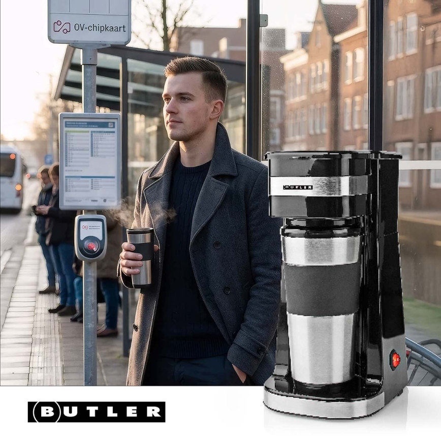 Butler - Én-kops kaffemaskine 0,4 l med medfølgende rejsekrus 750W/230V rustfrit stål/sort