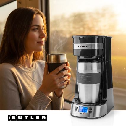 Butler - Kaffemaskine til én kop 0,4 l med timer og termokrus 750W/230V rustfrit stål/sort
