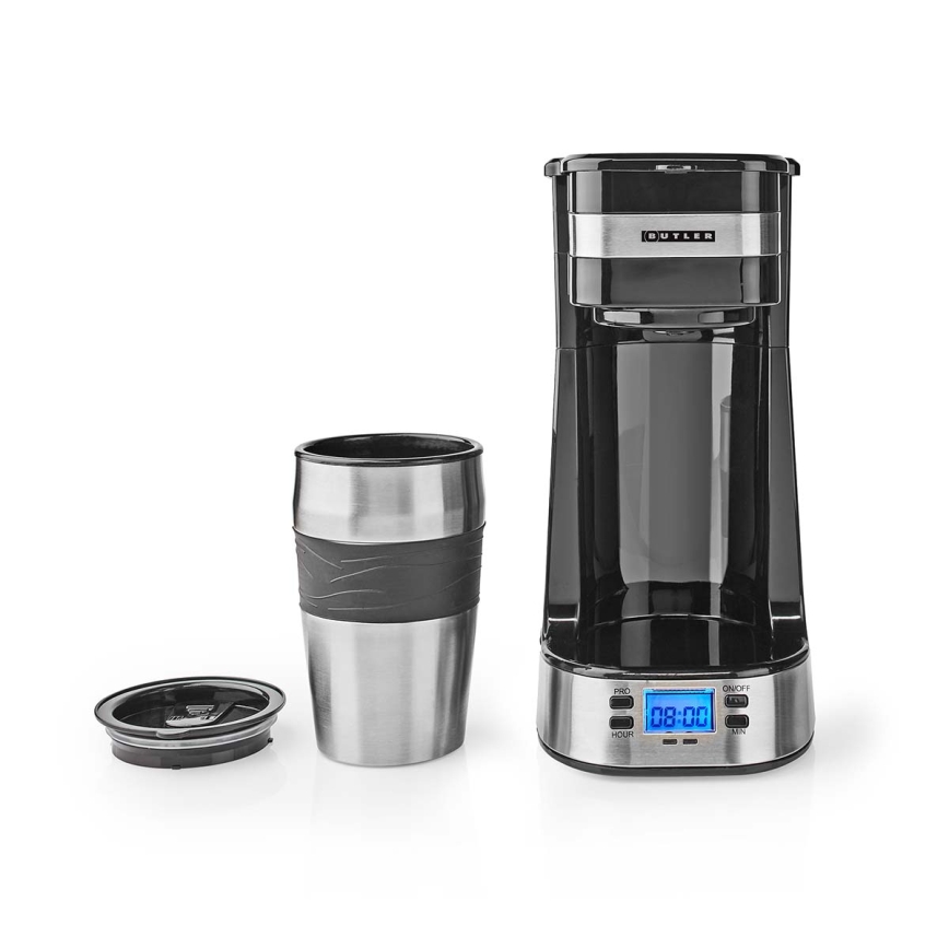 Butler - Kaffemaskine til én kop 0,4 l med timer og termokrus 750W/230V rustfrit stål/sort