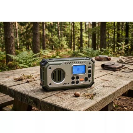 Campingradio med håndsving, solcellepanel og LED-lommelygte med powerbankfunktion 5V/3xAAA/2000 mAh IPX4 grøn
