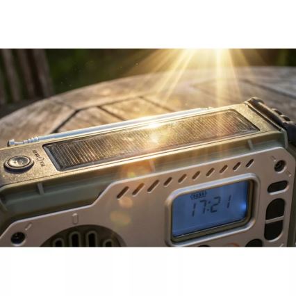 Campingradio med håndsving, solcellepanel og LED-lommelygte med powerbankfunktion 5V/3xAAA/2000 mAh IPX4 grøn