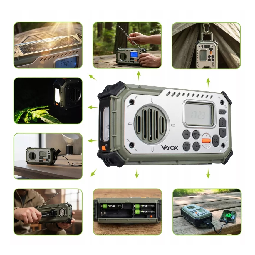 Campingradio med håndsving, solcellepanel og LED-lommelygte med powerbankfunktion 5V/3xAAA/2000 mAh IPX4 grøn