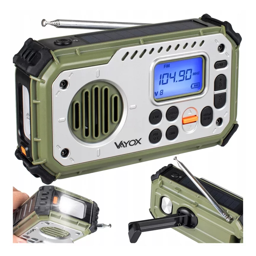 Campingradio med håndsving, solcellepanel og LED-lommelygte med powerbankfunktion 5V/3xAAA/2000 mAh IPX4 grøn