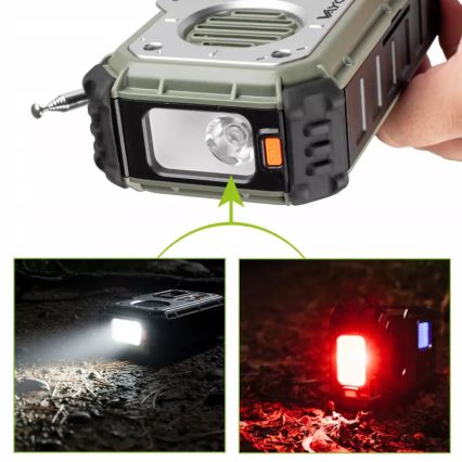 Campingradio med håndsving, solcellepanel og LED-lommelygte med powerbankfunktion 5V/3xAAA/2000 mAh IPX4 grøn
