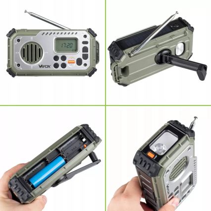 Campingradio med håndsving, solcellepanel og LED-lommelygte med powerbankfunktion 5V/3xAAA/2000 mAh IPX4 grøn