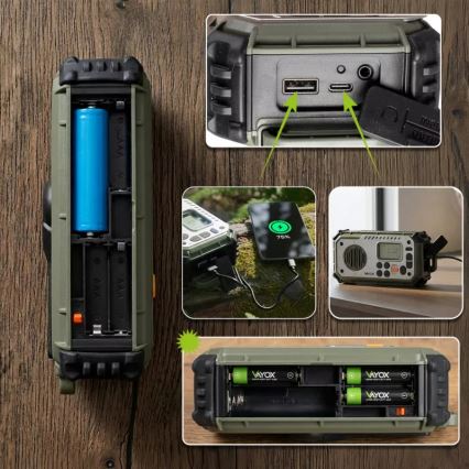Campingradio med håndsving, solcellepanel og LED-lommelygte med powerbankfunktion 5V/3xAAA/2000 mAh IPX4 grøn