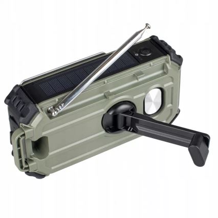 Campingradio med håndsving, solcellepanel og LED-lommelygte med powerbankfunktion 5V/3xAAA/2000 mAh IPX4 grøn