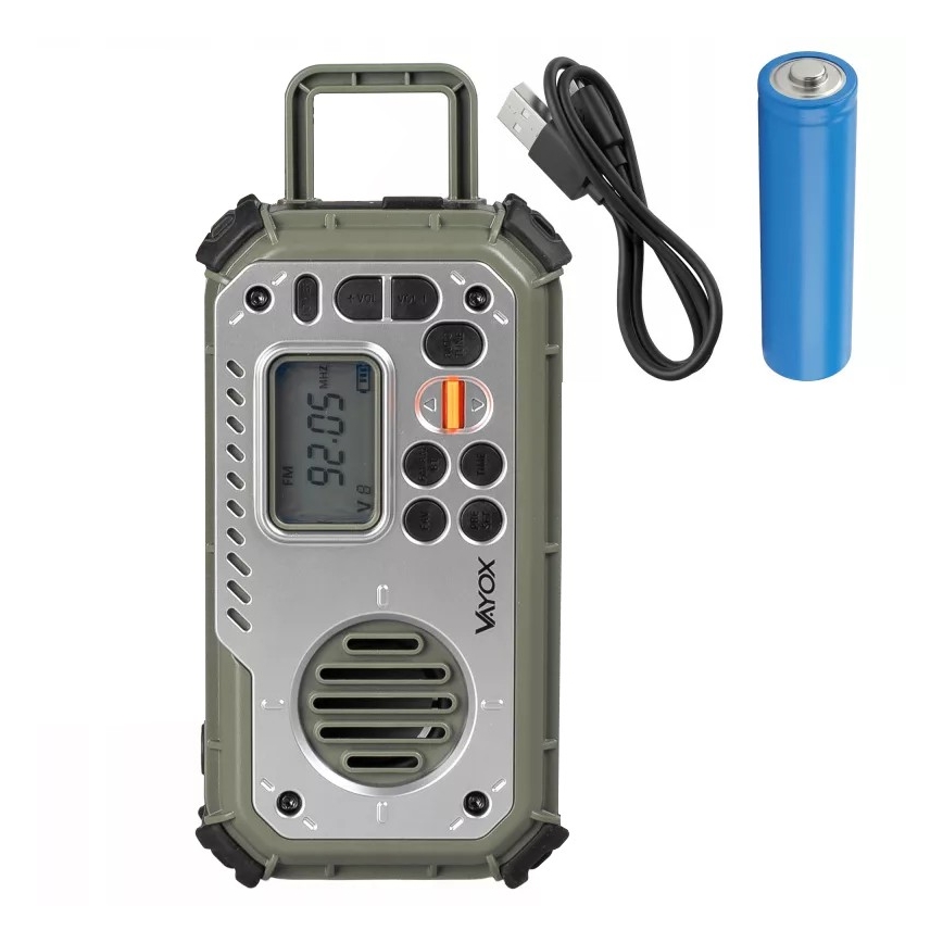 Campingradio med håndsving, solcellepanel og LED-lommelygte med powerbankfunktion 5V/3xAAA/2000 mAh IPX4 grøn