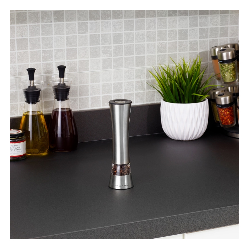Cole&Mason - Elektrisk salt or pepper grinder BURFORD 4xAAA 18 cm mat krom