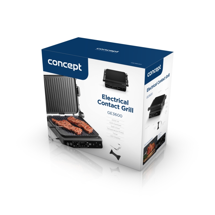 Concept ge3600 - Kontaktgrill med temperaturføler GLASS 2000W/230V sort