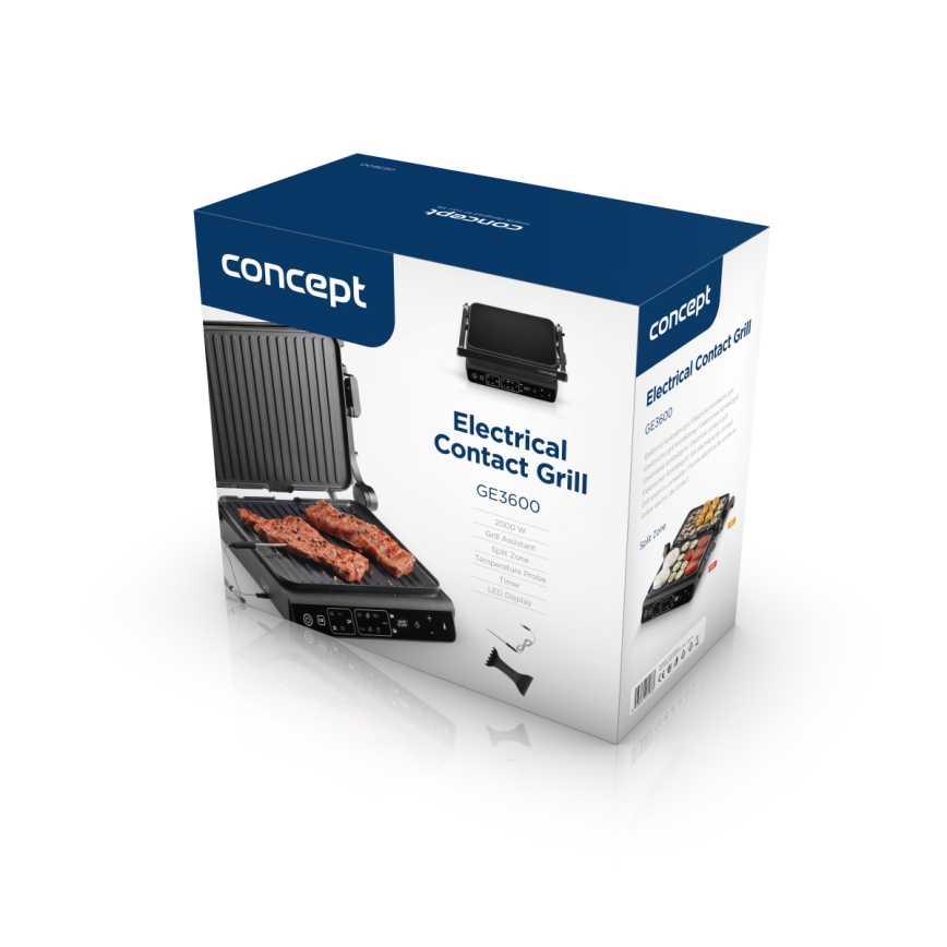 Concept ge3600 - Kontaktgrill med temperaturføler GLASS 2000W/230V sort