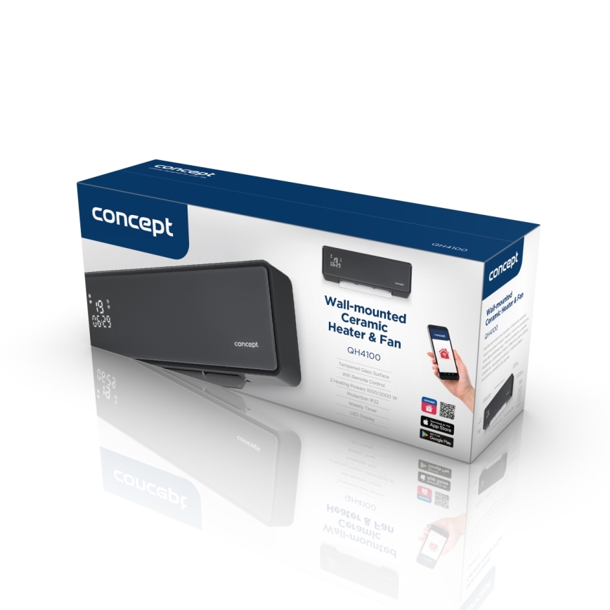 Concept QH4100 - Elektrisk varmeovn 1000/2000W Wi-Fi IP22 grå + fjernbetjening