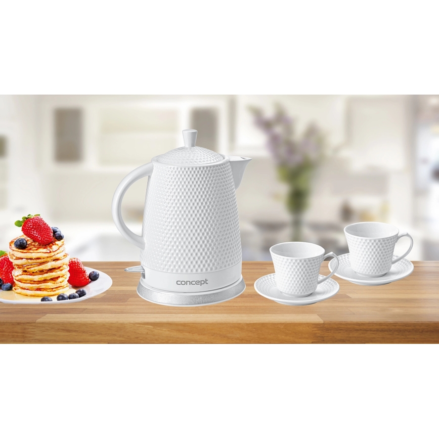 Concept RK0040 - Hurtig elkedel 1,5 l 1500W/230V hvid/keramik + 2 kopper med underkopper