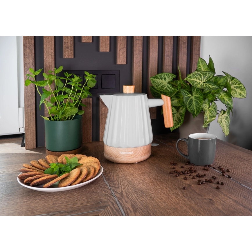 Concept RK0091 - Hurtigkogende elkedel 1,5 l 1500W/230V lys grå/trælook/keramik