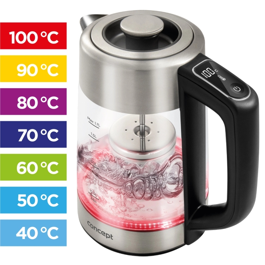 Concept RK4190 - Elkedel med termoregulering og indbygget si, 1,7 l, 2200 W/230 V, rustfrit stål