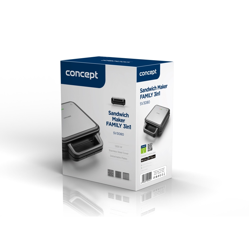 Concept SV3080 - Sandwichmaskine FAMILY 3-i-1 1200W/230V sort/rustfri