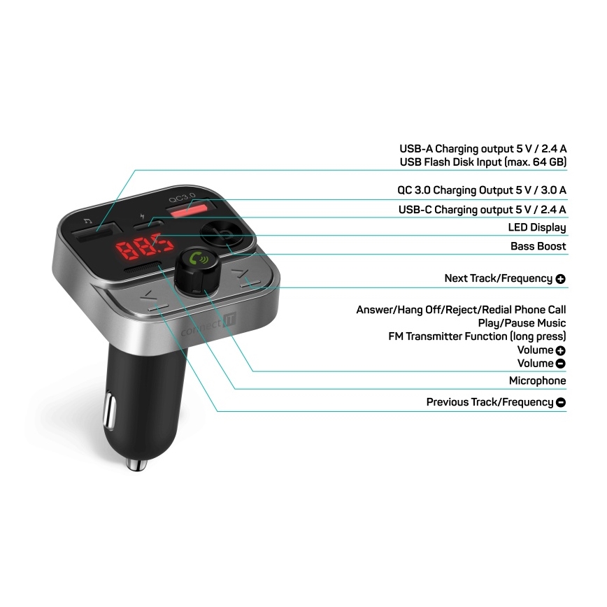 CONNECT IT CCC-8900-AN - FM-sender til bil med håndfri funktion sort/sølv