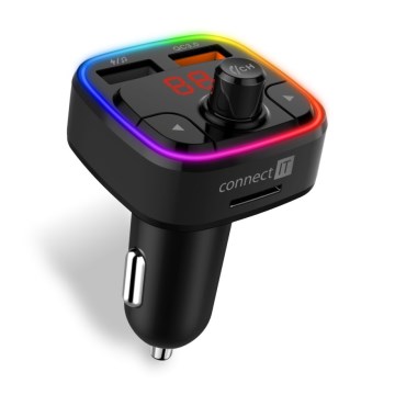 CONNECT IT CCC-9090-BK - LED FM-sender til bil m. håndfri funktion + RGB-farver sort