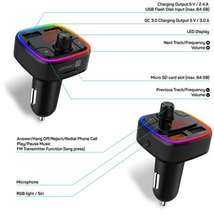 CONNECT IT CCC-9090-BK - LED FM-sender til bil m. håndfri funktion + RGB-farver sort