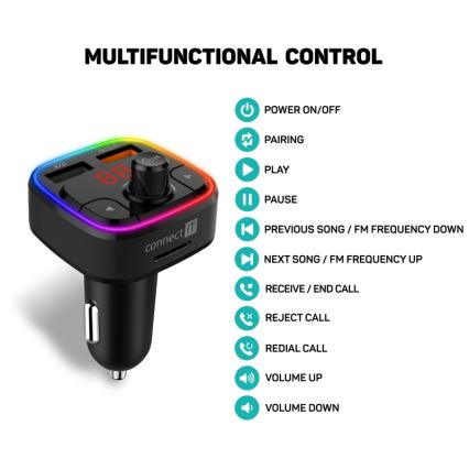 CONNECT IT CCC-9090-BK - LED FM-sender til bil m. håndfri funktion + RGB-farver sort