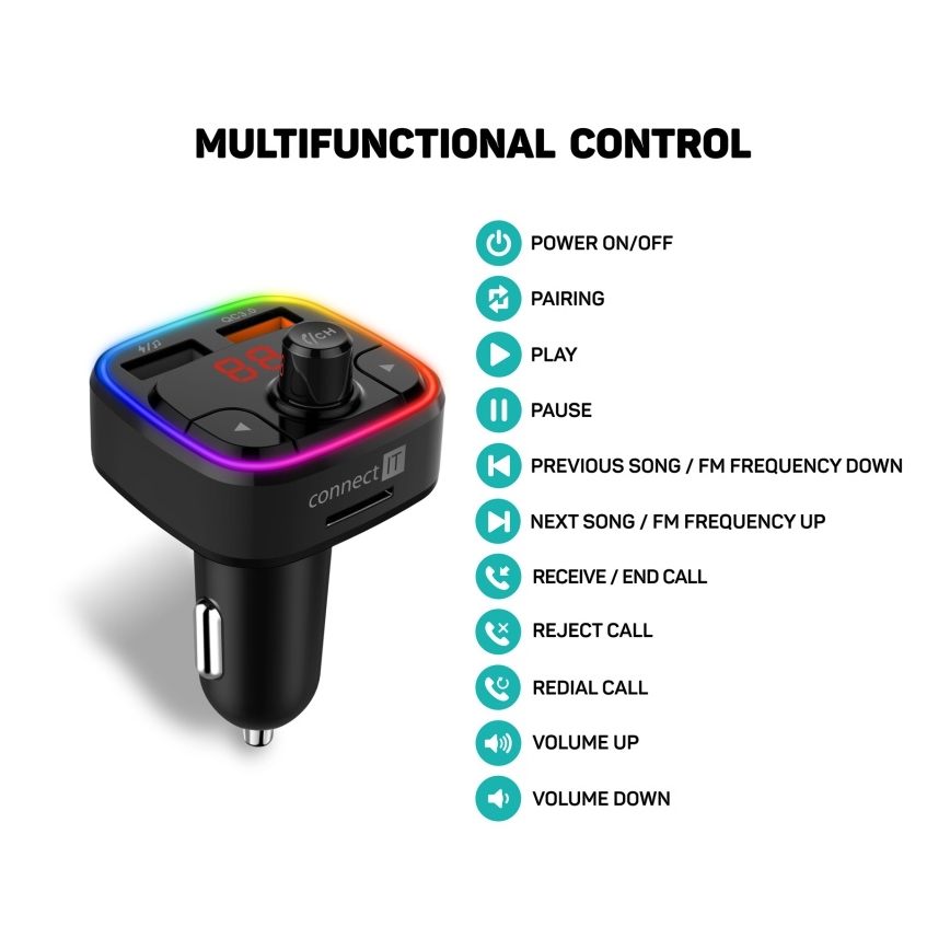 CONNECT IT CCC-9090-BK - LED FM-sender til bil m. håndfri funktion + RGB-farver sort