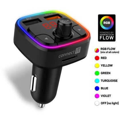 CONNECT IT CCC-9090-BK - LED FM-sender til bil m. håndfri funktion + RGB-farver sort