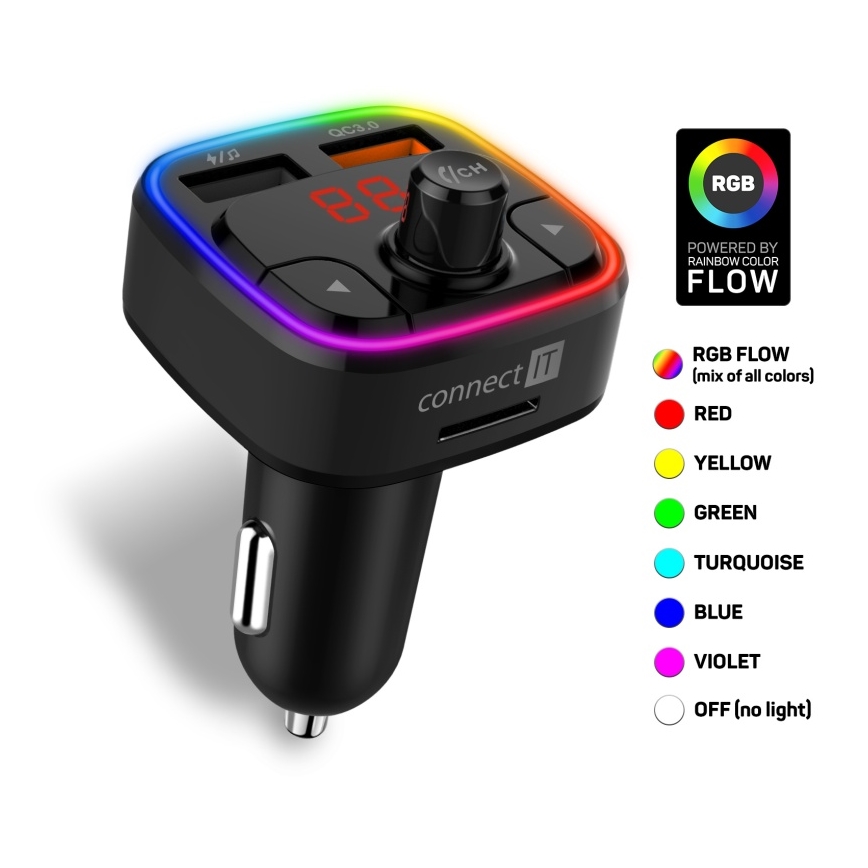CONNECT IT CCC-9090-BK - LED FM-sender til bil m. håndfri funktion + RGB-farver sort