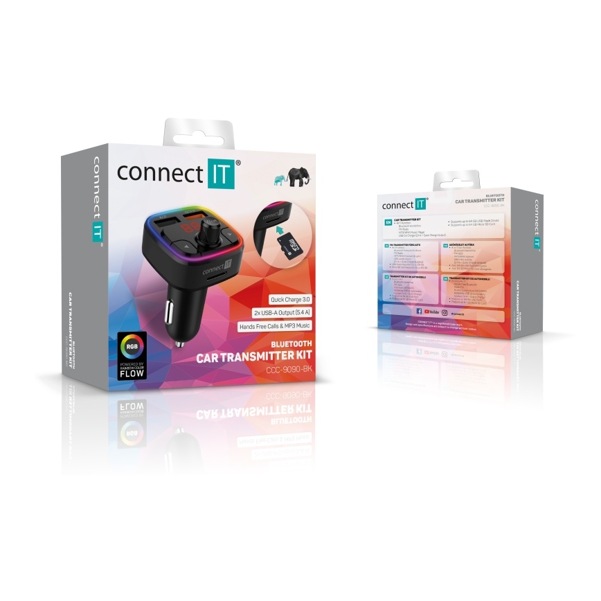 CONNECT IT CCC-9090-BK - LED FM-sender til bil m. håndfri funktion + RGB-farver sort