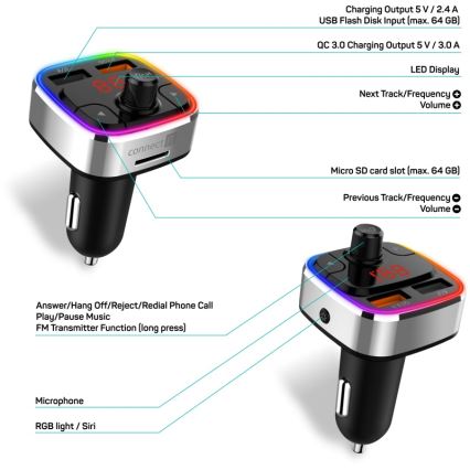CONNECT IT CCC-9090-SL - LED RGB FM-sender til bil m. håndfri funktion sort/sølvfarvet