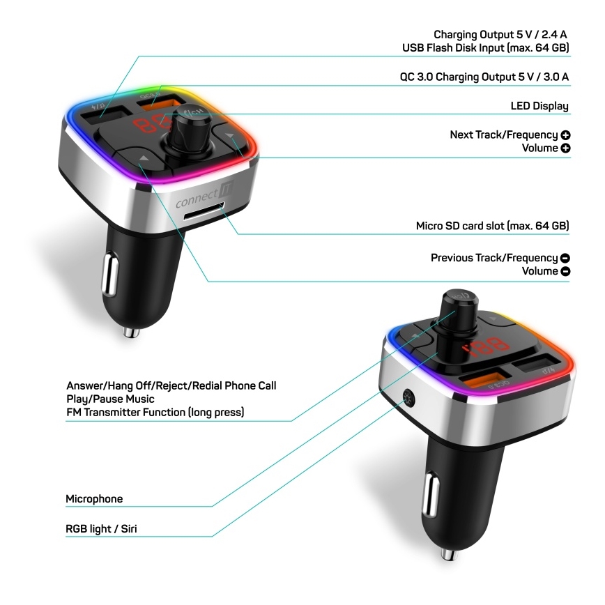 CONNECT IT CCC-9090-SL - LED RGB FM-sender til bil m. håndfri funktion sort/sølvfarvet