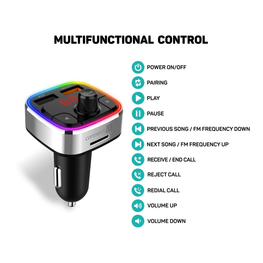 CONNECT IT CCC-9090-SL - LED RGB FM-sender til bil m. håndfri funktion sort/sølvfarvet